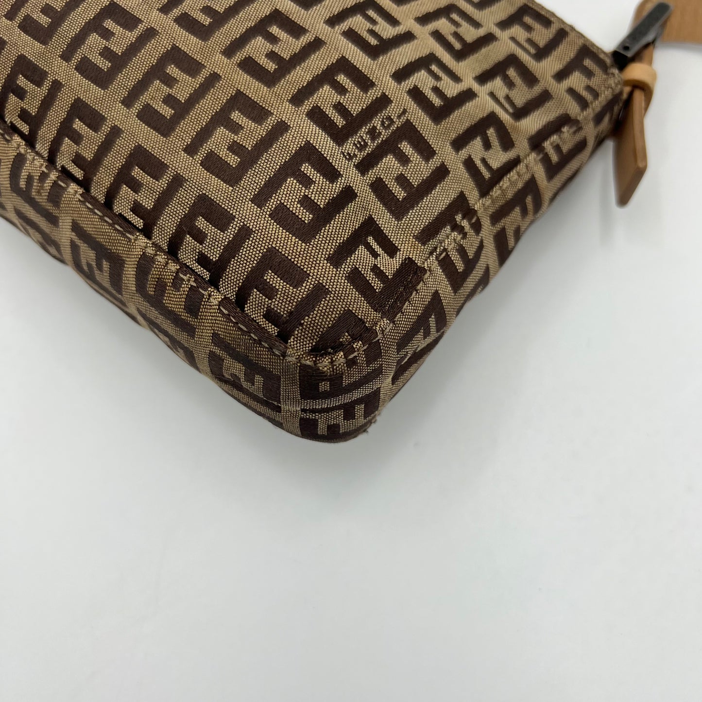 Fendi Brown Zucchino Canvas Beige Leather Pochette