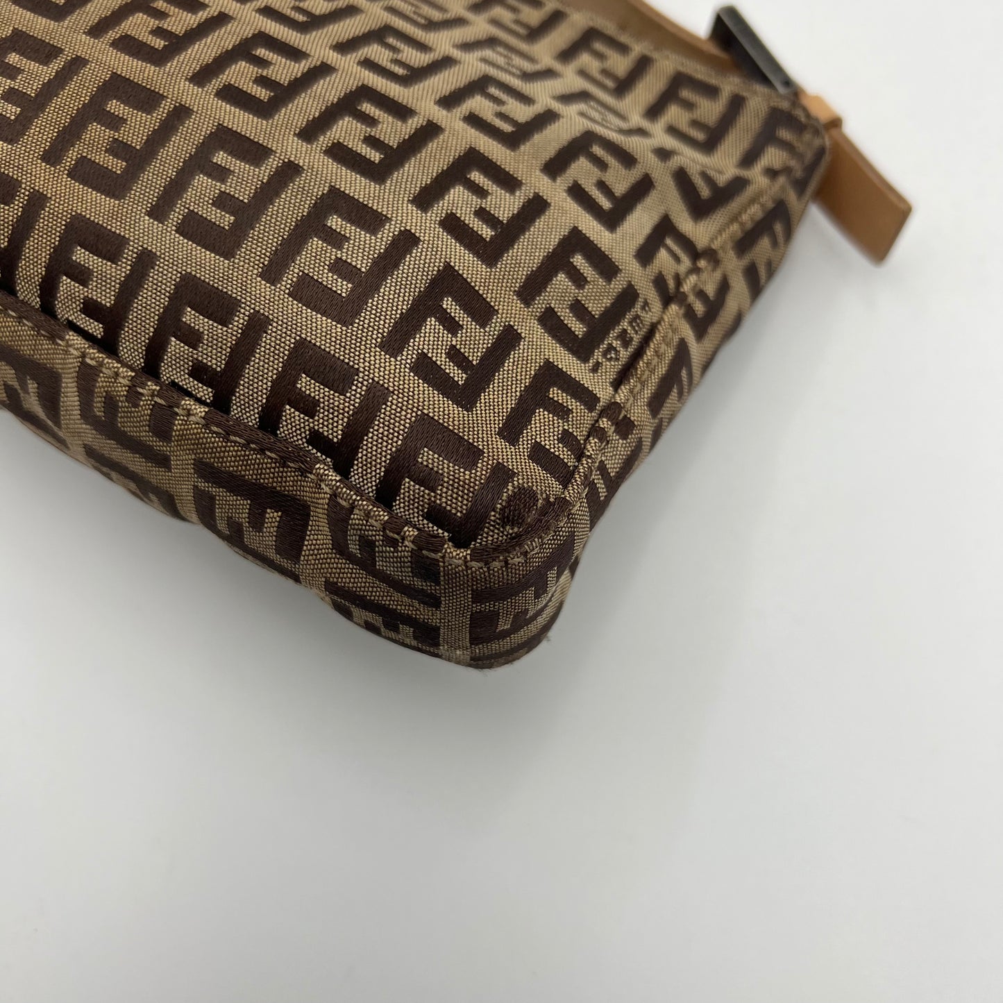 Fendi Brown Zucchino Canvas Beige Leather Pochette