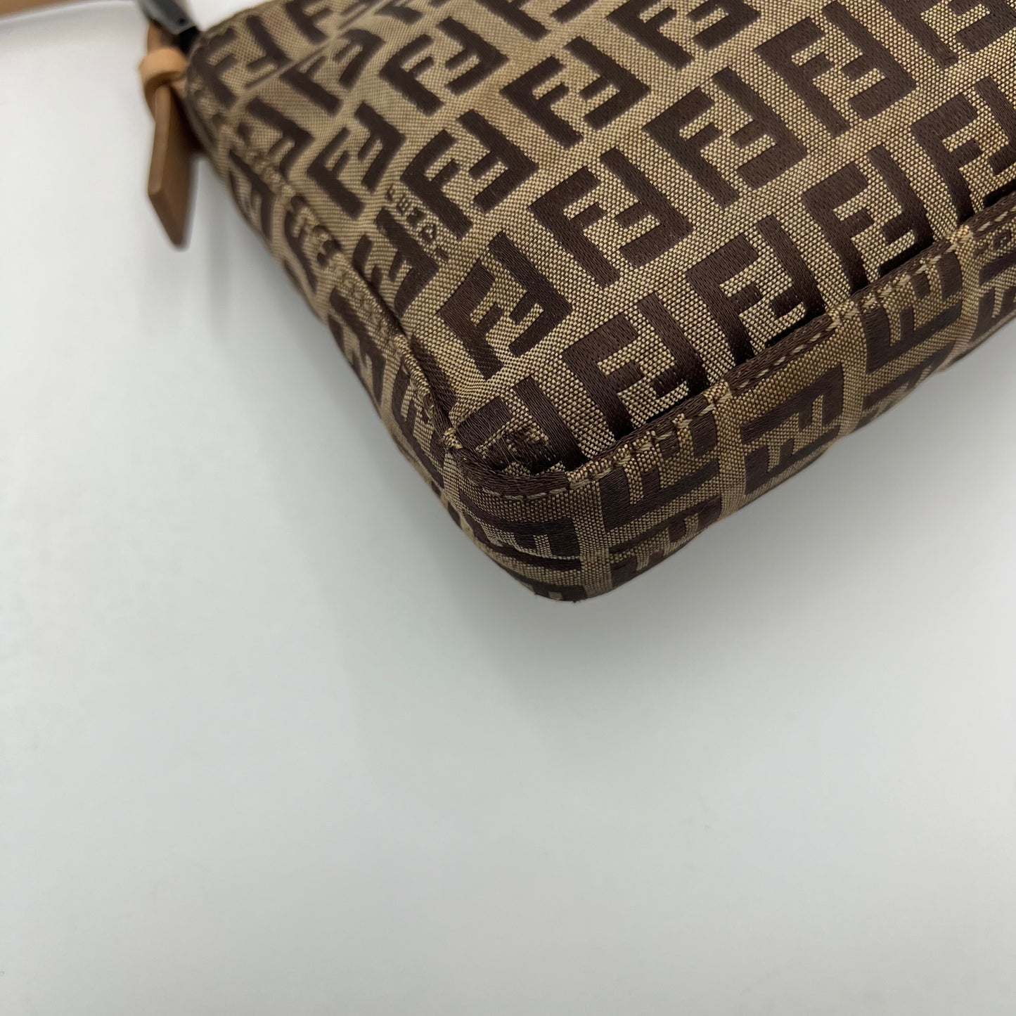 Fendi Brown Zucchino Canvas Beige Leather Pochette