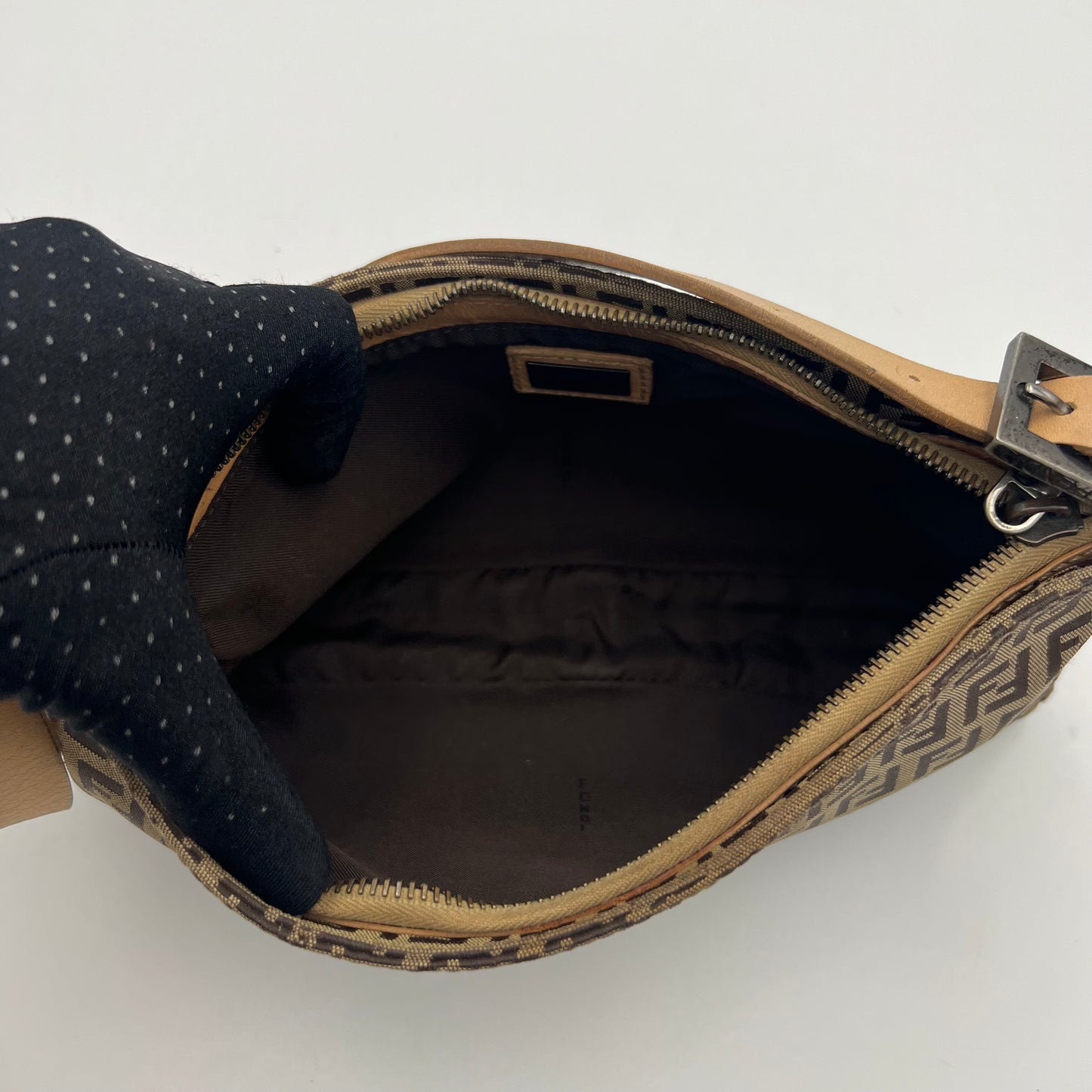 Fendi Brown Zucchino Canvas Beige Leather Pochette