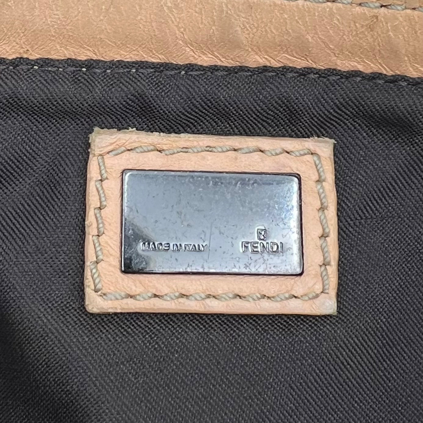Fendi Brown Zucchino Canvas Beige Leather Pochette