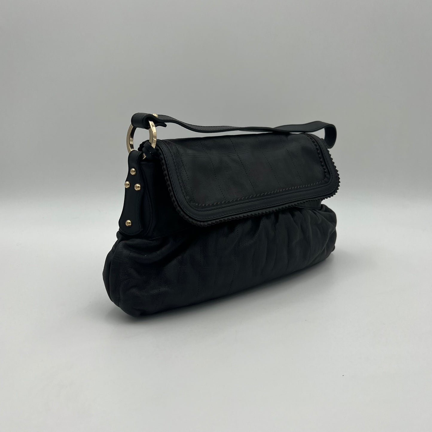 Fendi Black Zucca Perforated Leather Chef Flap Shoulder Bag
