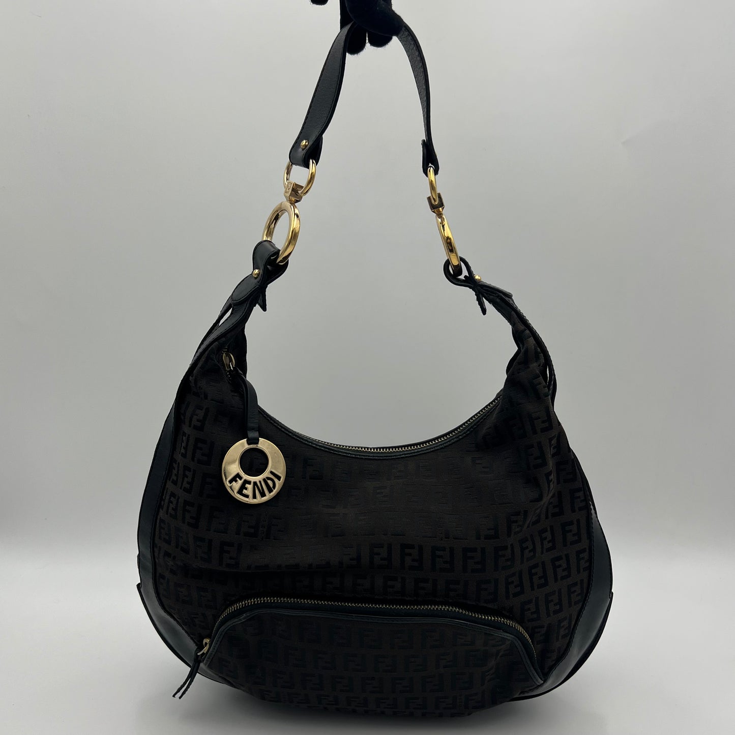Fendi Dark Brown Zucchino Canvas and Leather Large Chef Hobo Bag GHW