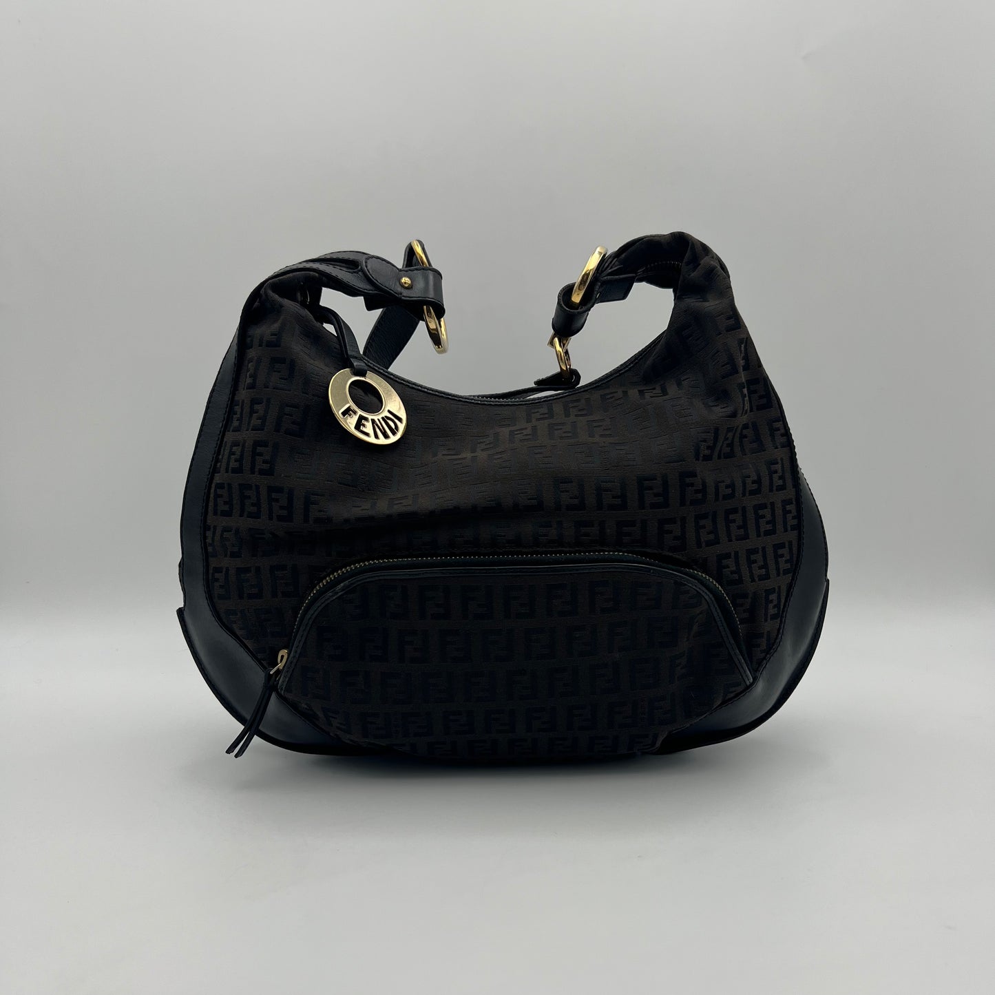 Fendi Dark Brown Zucchino Canvas and Leather Large Chef Hobo Bag GHW