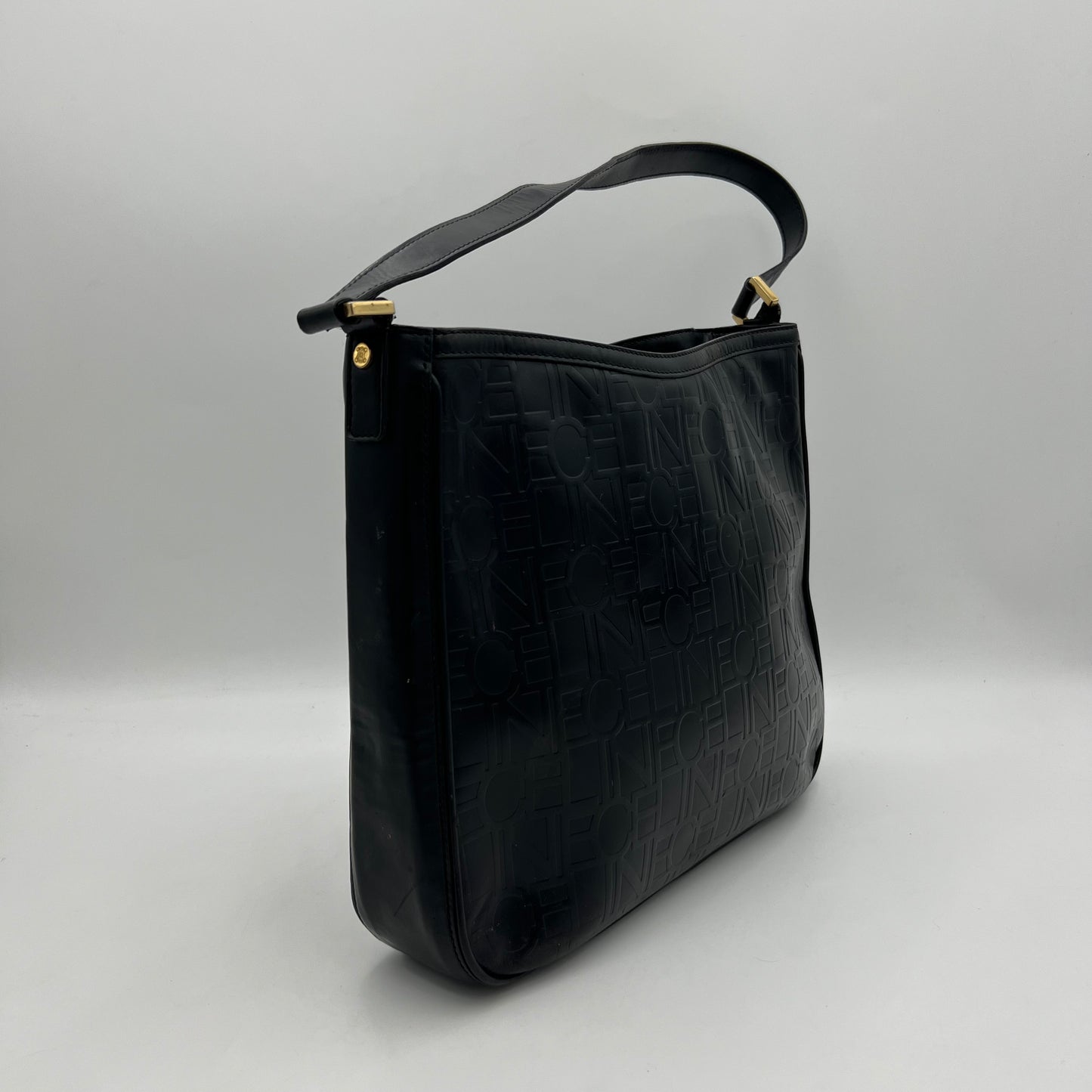 Celine Paris Vintage Black Logo Embossed Shoulder Bag