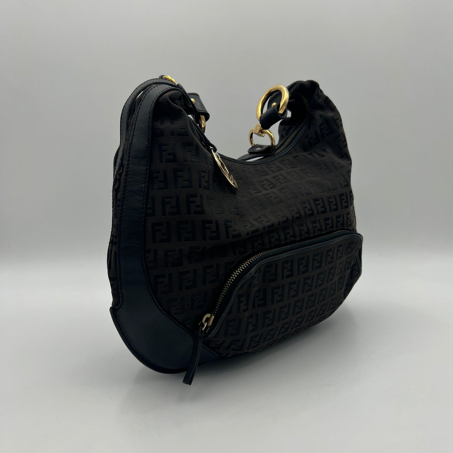 Fendi Dark Brown Zucchino Canvas and Leather Large Chef Hobo Bag GHW