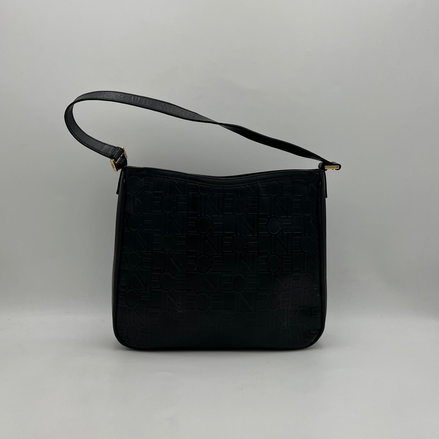 Celine Paris Vintage Black Logo Embossed Shoulder Bag