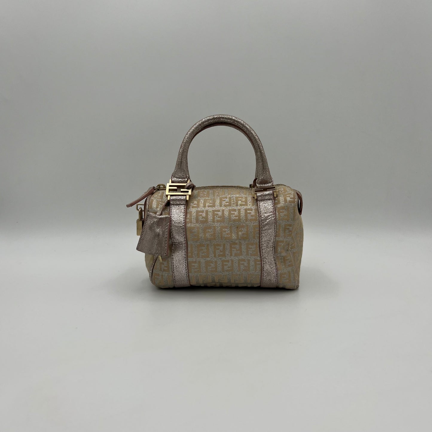 Fendi Metallic Pink Silver Zucchino Canvas and Leather Mini Boston