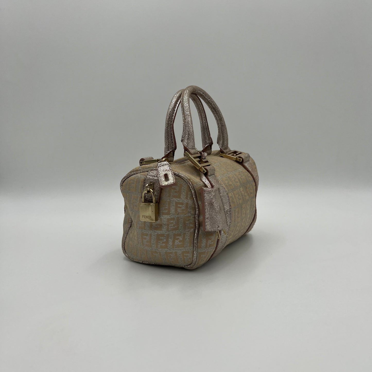 Fendi Metallic Pink Silver Zucchino Canvas and Leather Mini Boston