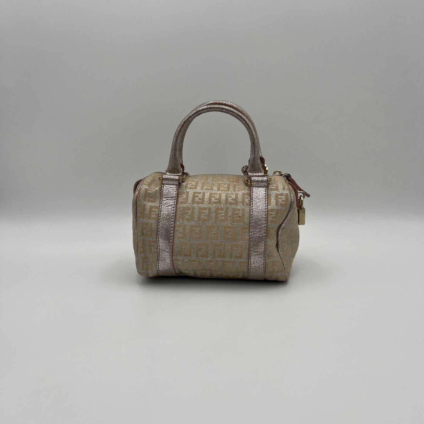 Fendi Metallic Pink Silver Zucchino Canvas and Leather Mini Boston