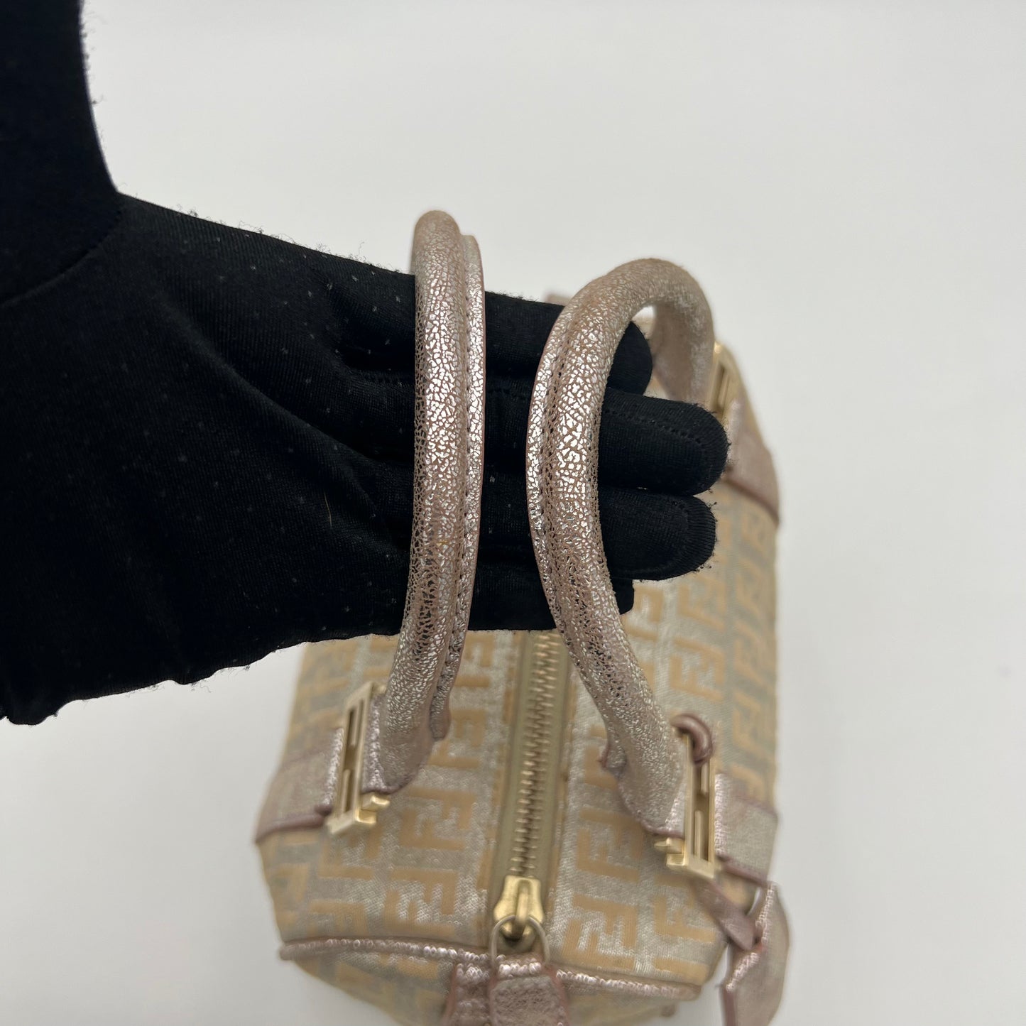 Fendi Metallic Pink Silver Zucchino Canvas and Leather Mini Boston