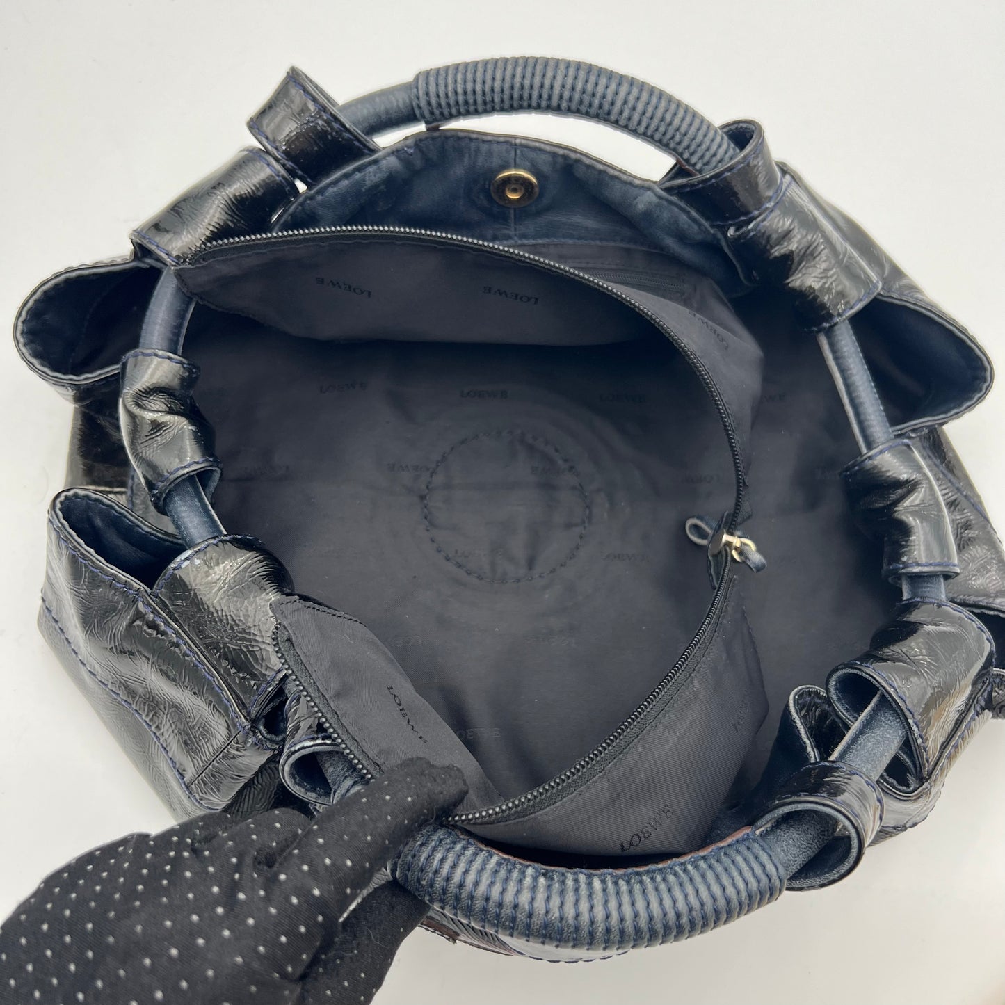Loewe Black Patent Leather Dark Blue Stitch Nappa Aire Handbag