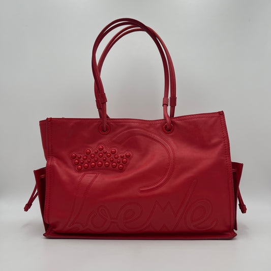 Loewe Red Leather Studded Crown Shopper Tote Shoulder Bag