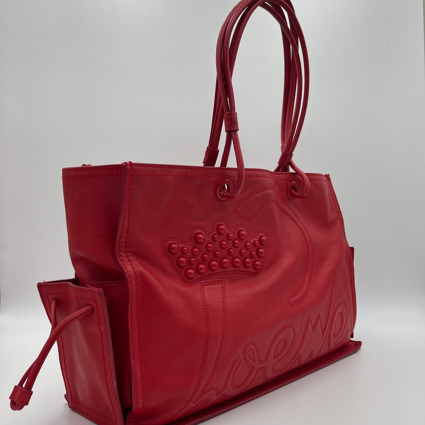 Loewe Red Leather Studded Crown Shopper Tote Shoulder Bag