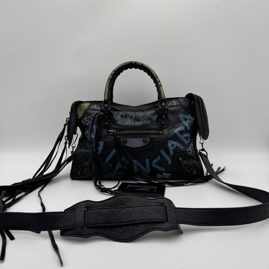 Balenciaga Black Leather Graffiti Classic Small City