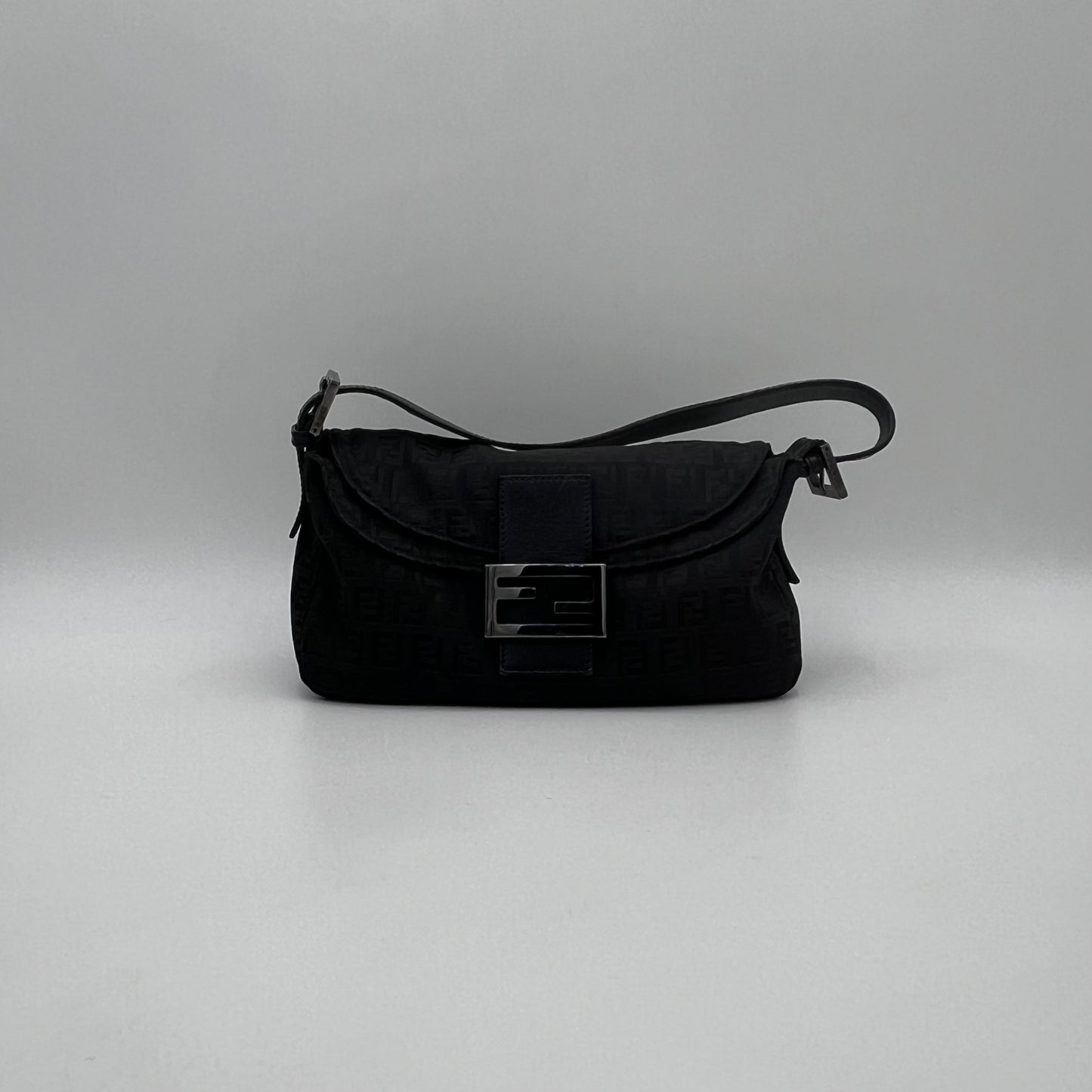 Fendi Black Zucchino Double Flap Baguette