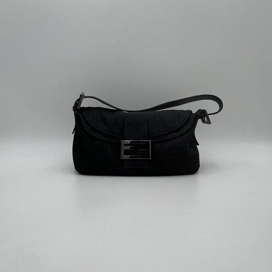 Fendi Black Zucchino Double Flap Baguette