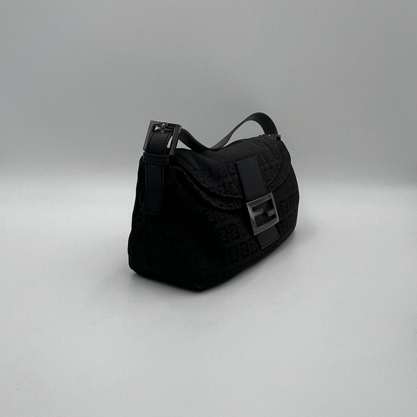 Fendi Black Zucchino Double Flap Baguette