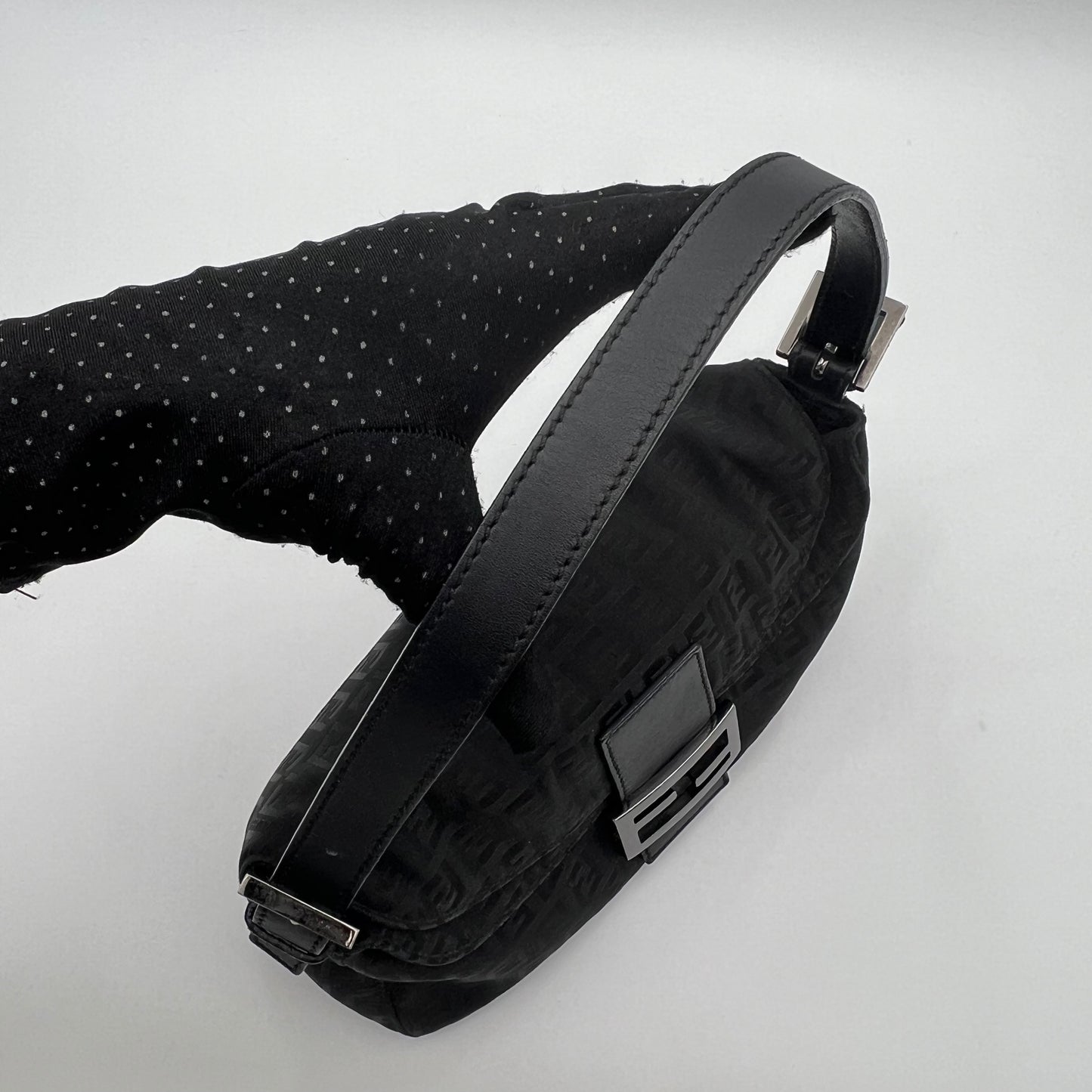 Fendi Black Zucchino Double Flap Baguette
