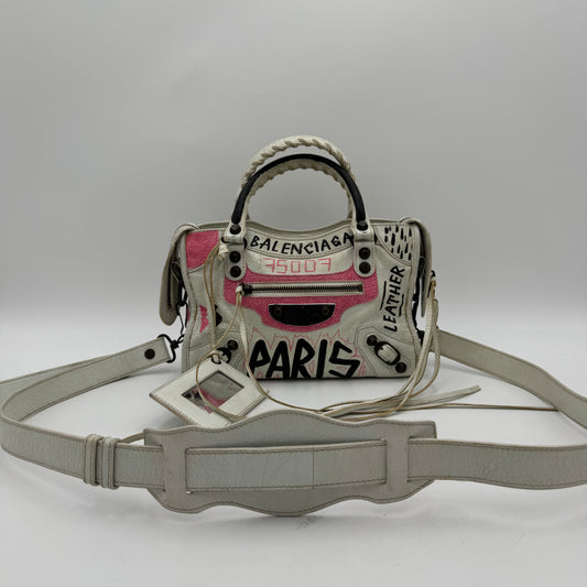 Balenciaga White Leather Black and Pink Graffiti Classic Mini City