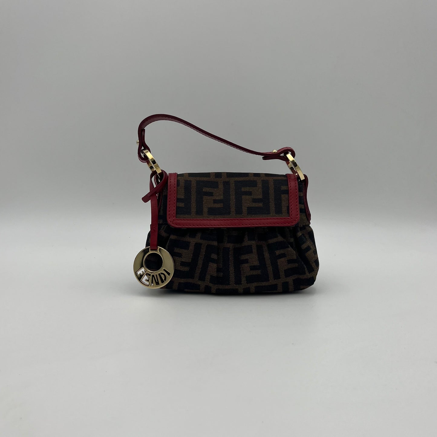 Fendi Tobacco Zucca Burgundy Leather Trimmed Mini Chef Flap Baguette
