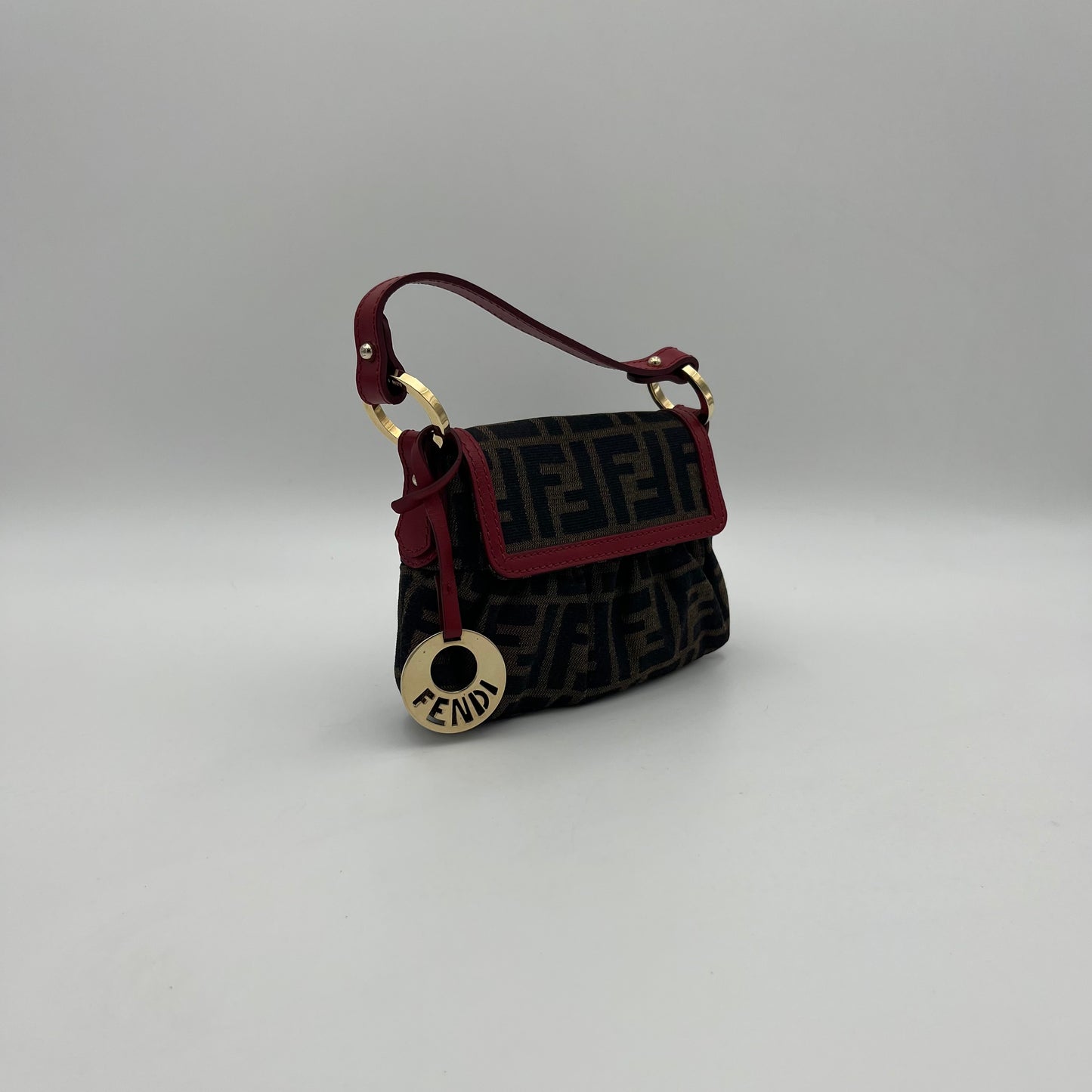 Fendi Tobacco Zucca Burgundy Leather Trimmed Mini Chef Flap Baguette