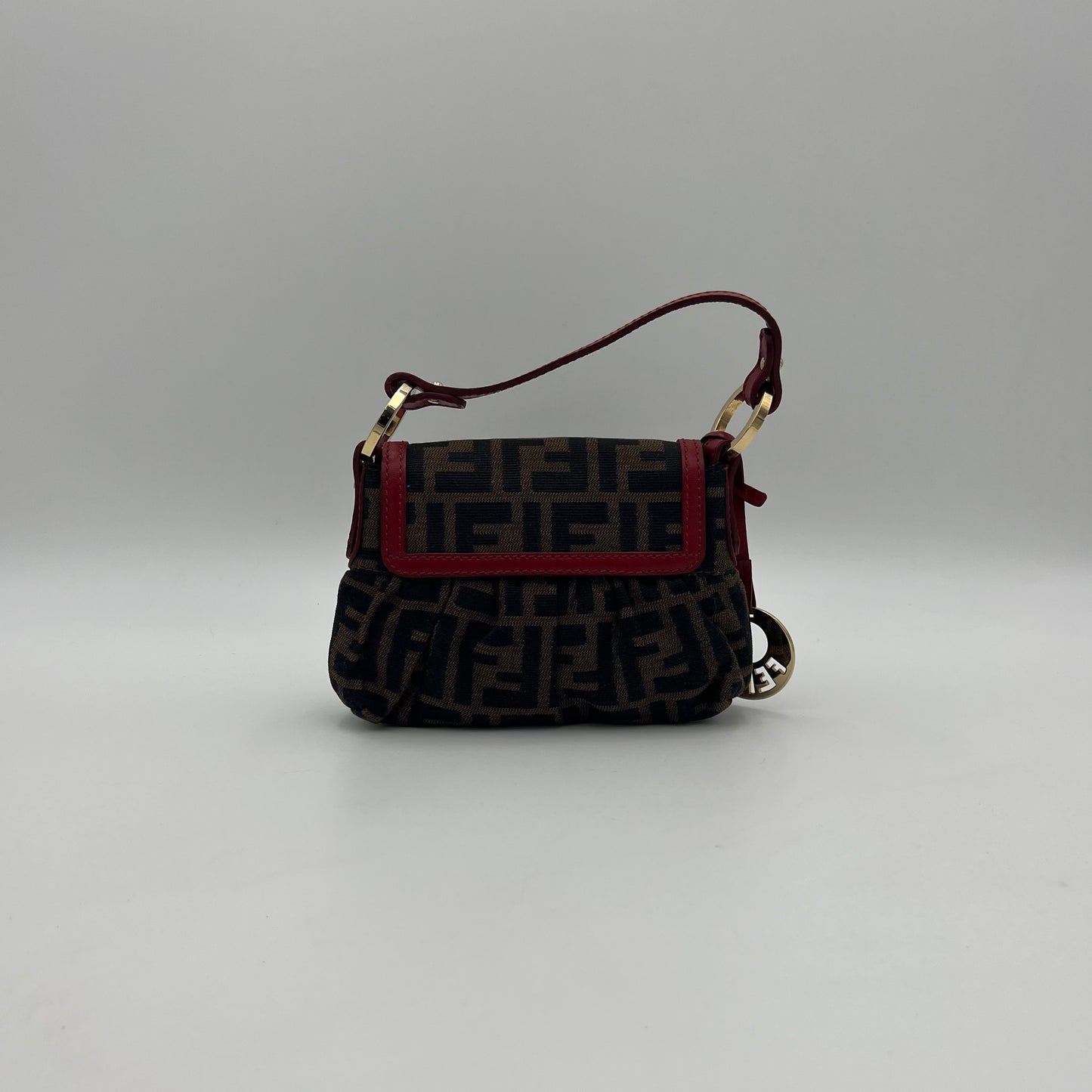 Fendi Tobacco Zucca Burgundy Leather Trimmed Mini Chef Flap Baguette
