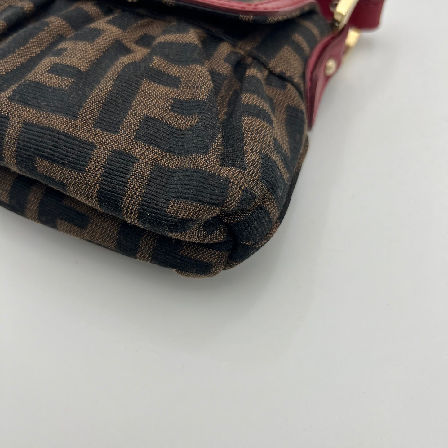 Fendi Tobacco Zucca Burgundy Leather Trimmed Mini Chef Flap Baguette