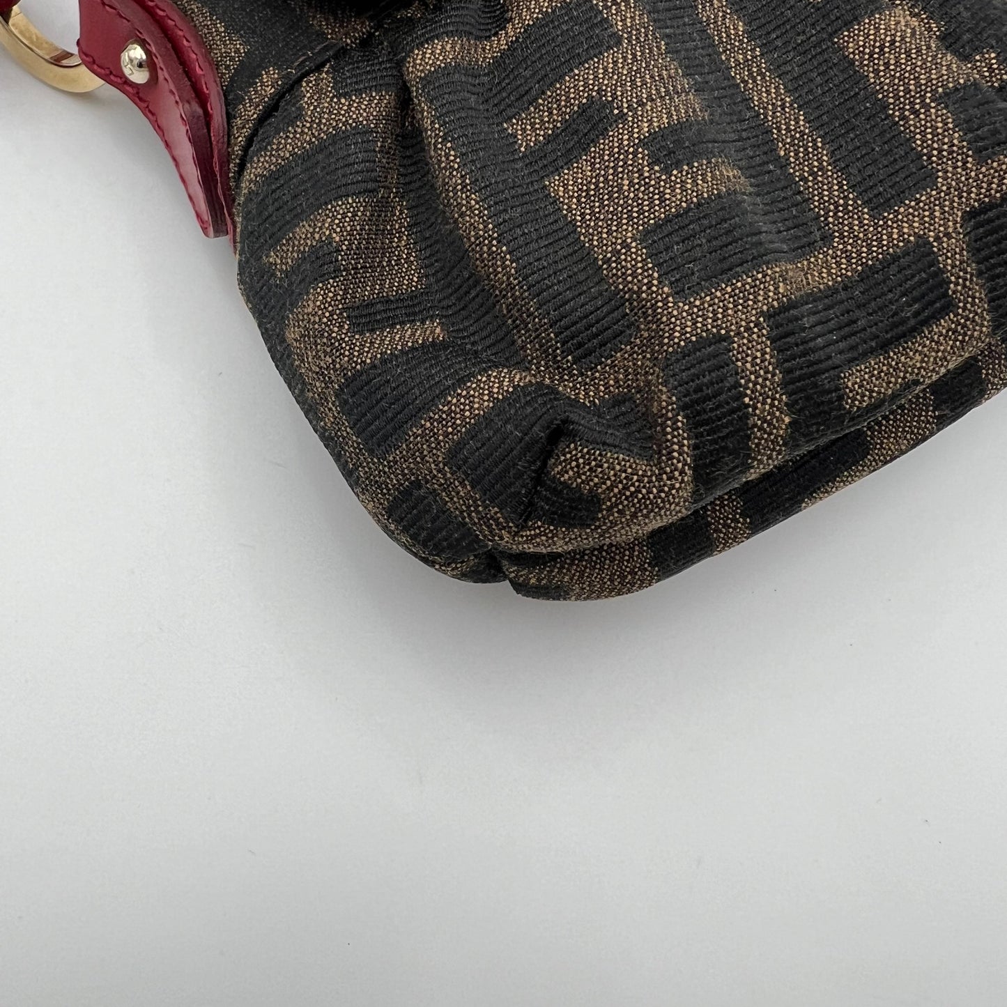 Fendi Tobacco Zucca Burgundy Leather Trimmed Mini Chef Flap Baguette