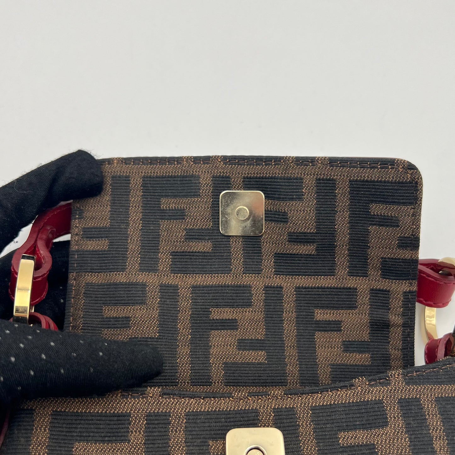 Fendi Tobacco Zucca Burgundy Leather Trimmed Mini Chef Flap Baguette