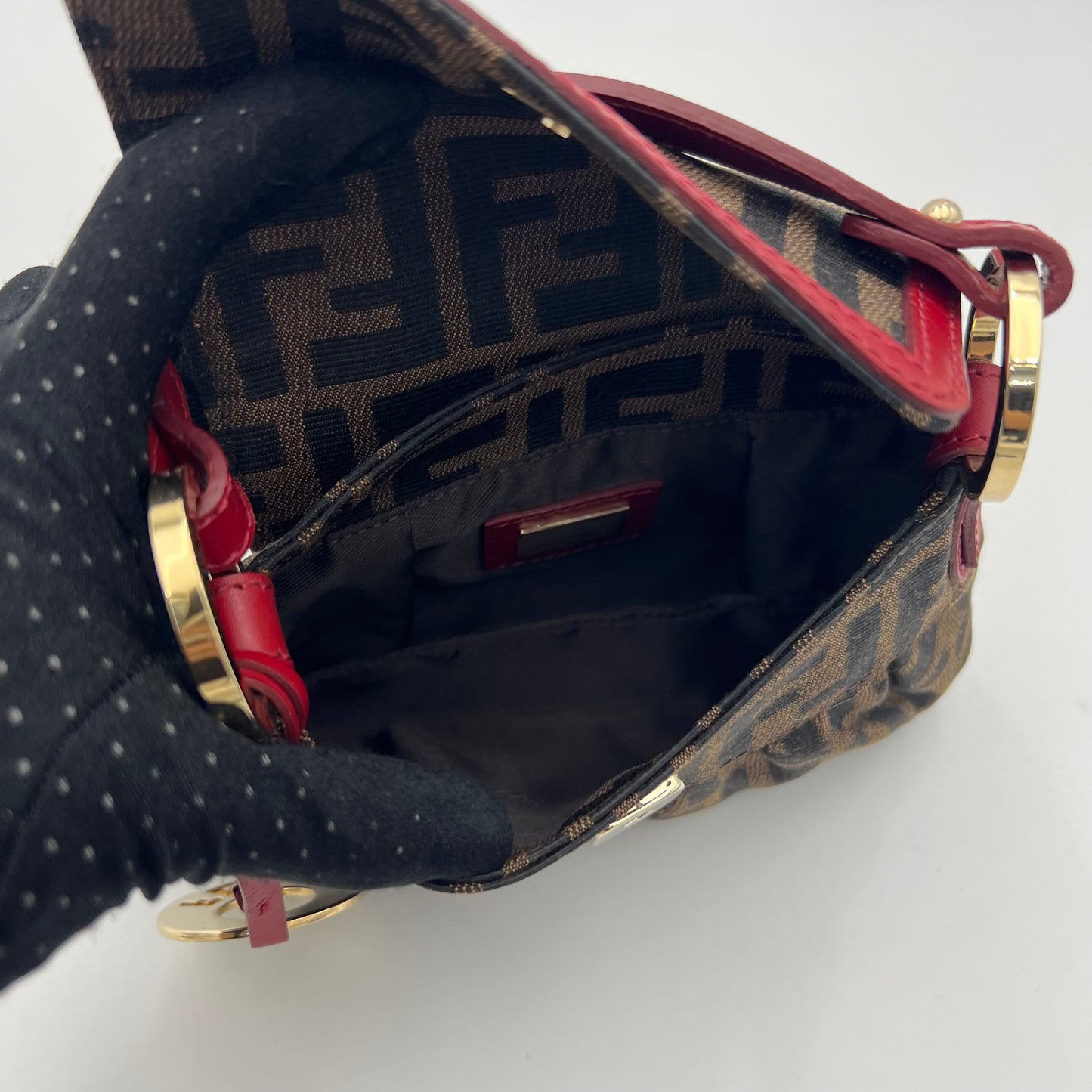 Fendi Tobacco Zucca Burgundy Leather Trimmed Mini Chef Flap Baguette