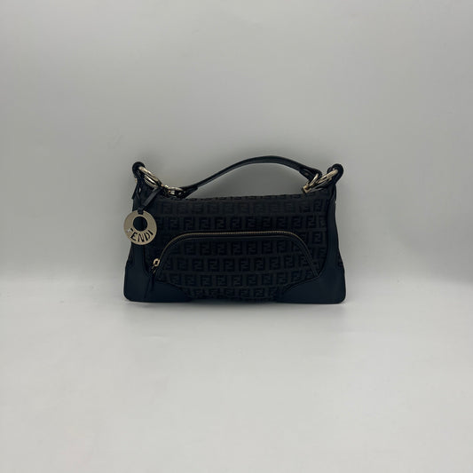 Fendi Black Zucchino Logo Charm Shoulder Bag