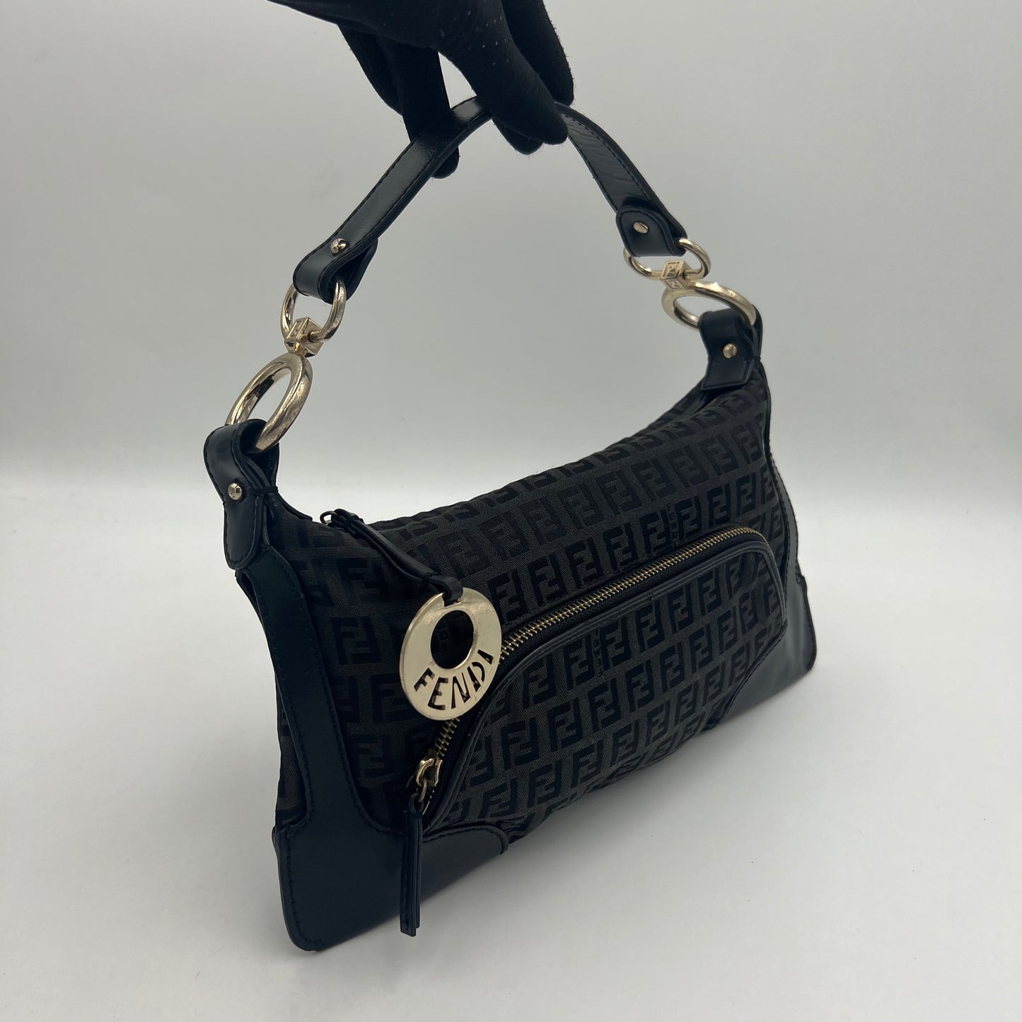 Fendi Black Zucchino Logo Charm Shoulder Bag