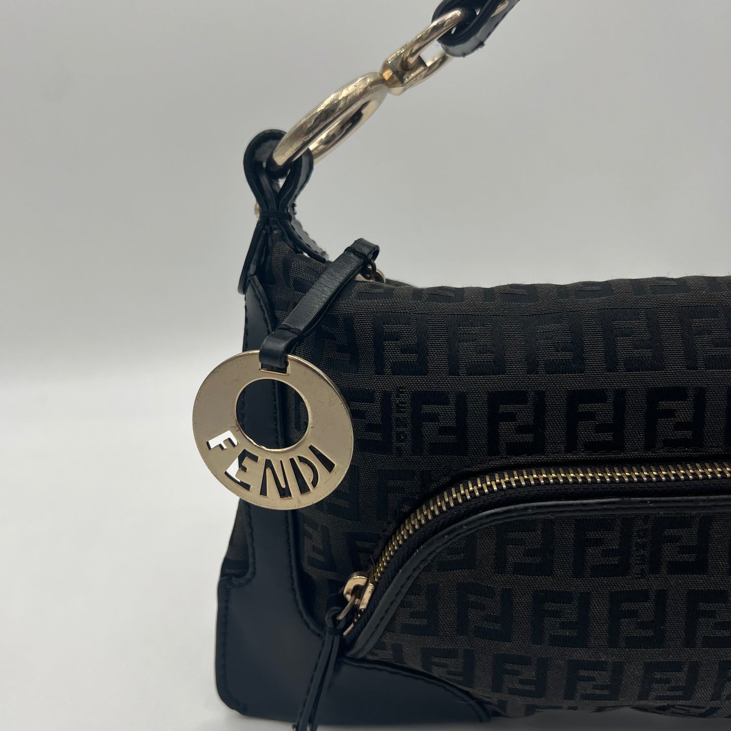 Fendi Black Zucchino Logo Charm Shoulder Bag