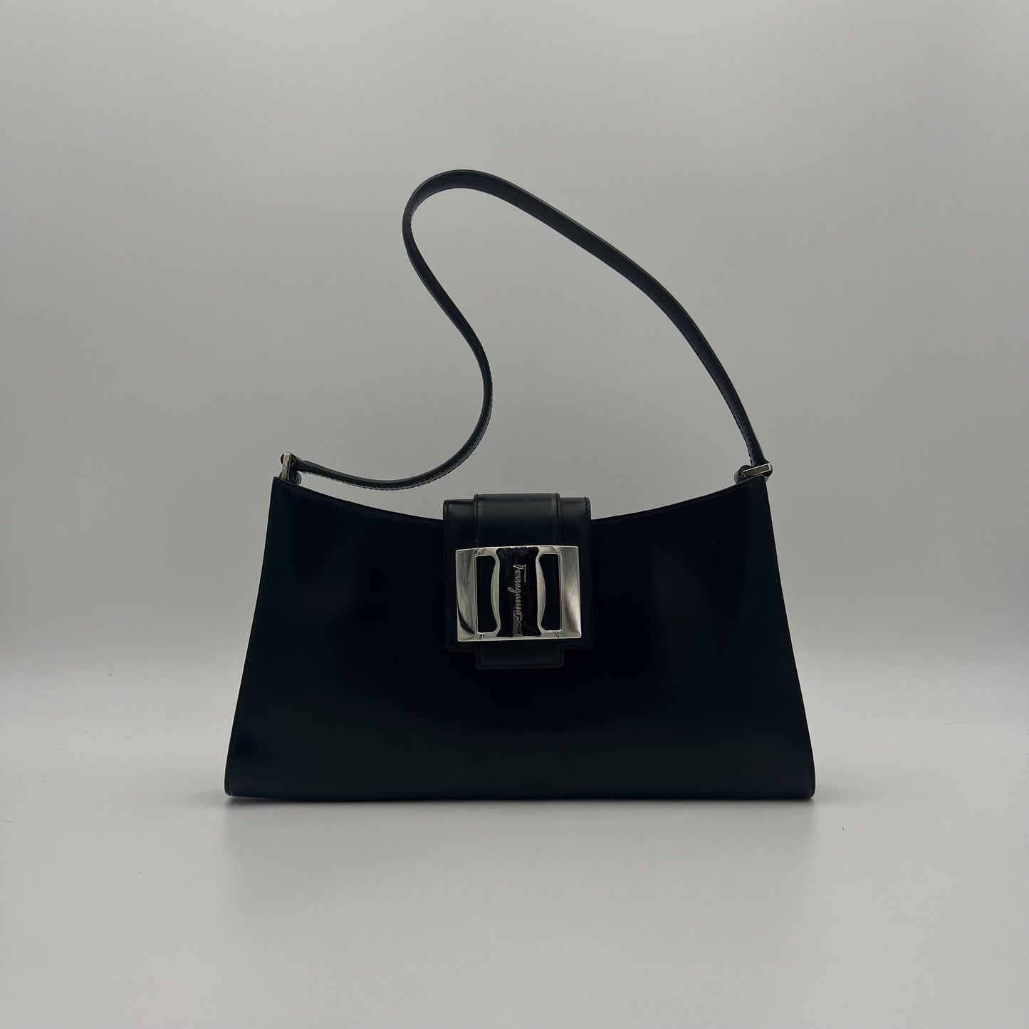 Salvatore Ferragamo Black Leather Silver Tone Gancini Buckle Hobo Shoulder