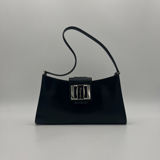 Salvatore Ferragamo Black Leather Silver Tone Gancini Buckle Hobo Shoulder