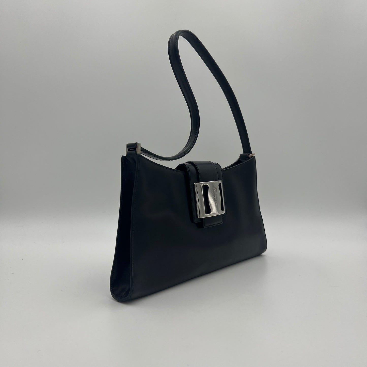 Salvatore Ferragamo Black Leather Silver Tone Gancini Buckle Hobo Shoulder