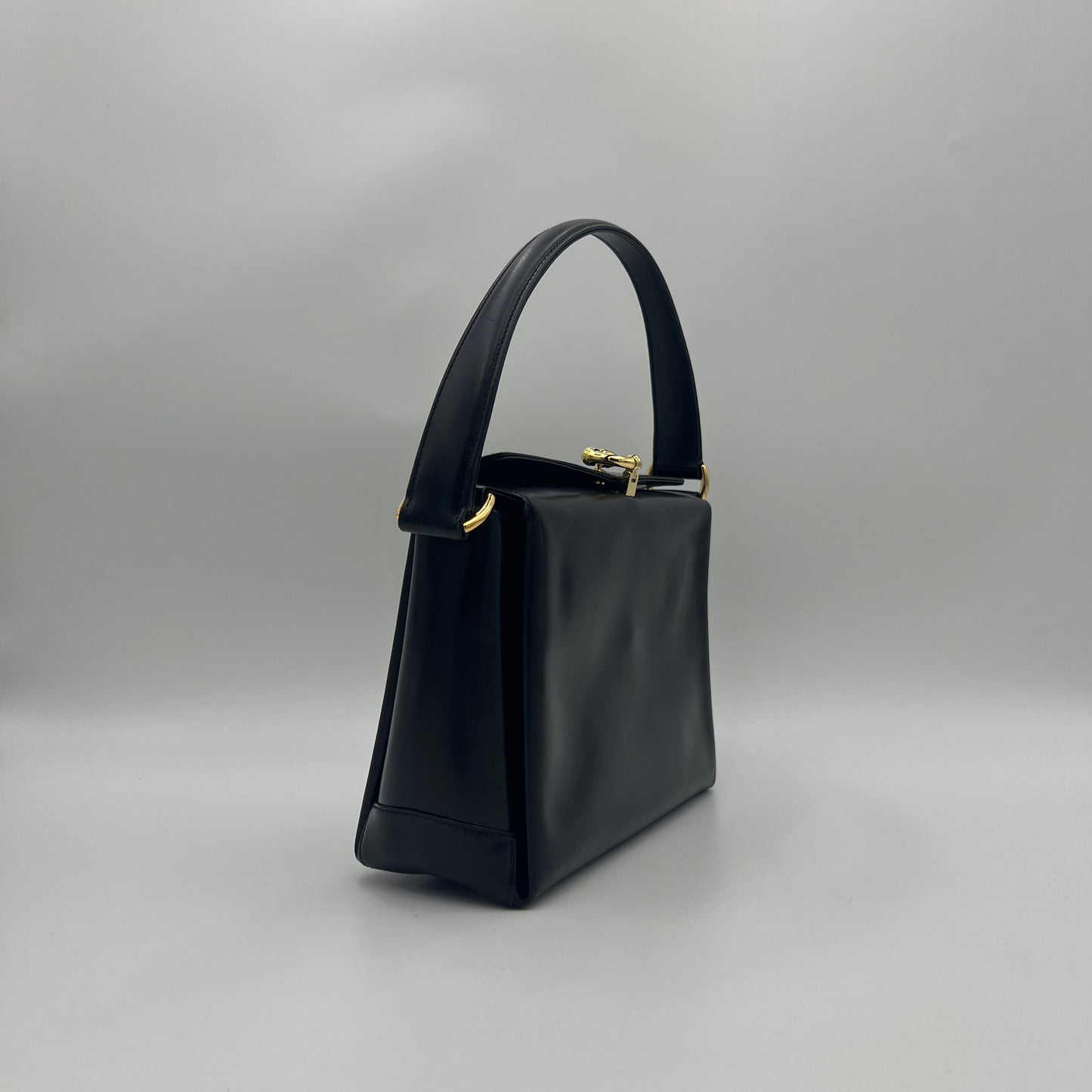 Gucci Black Leather Horseshoe Clasp Box Handbag