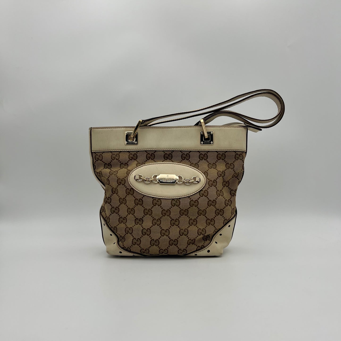 Gucci Beige GG Canvas White Leather Punch Small Tote