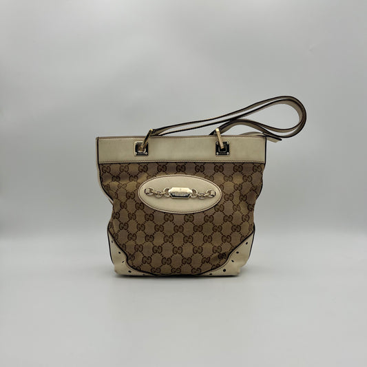 Gucci Beige GG Canvas White Leather Punch Small Tote