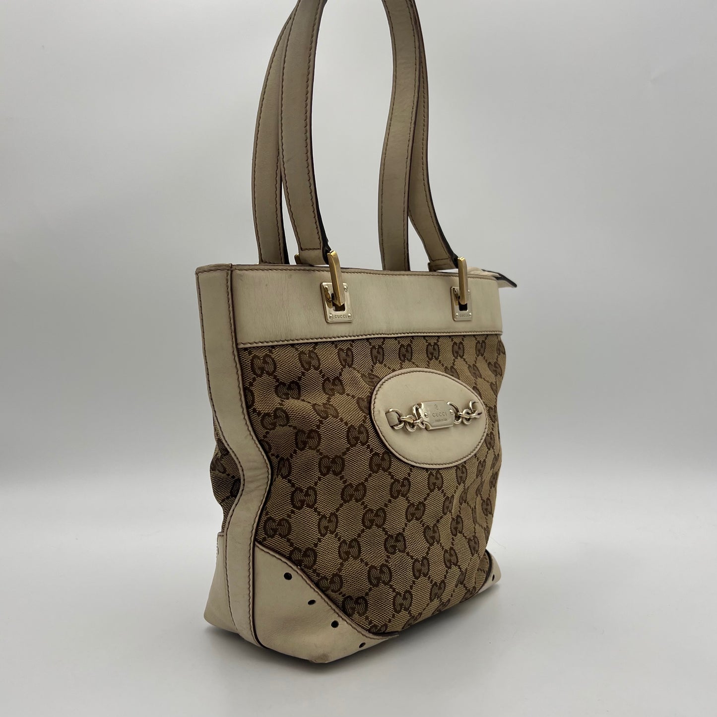 Gucci Beige GG Canvas White Leather Punch Small Tote