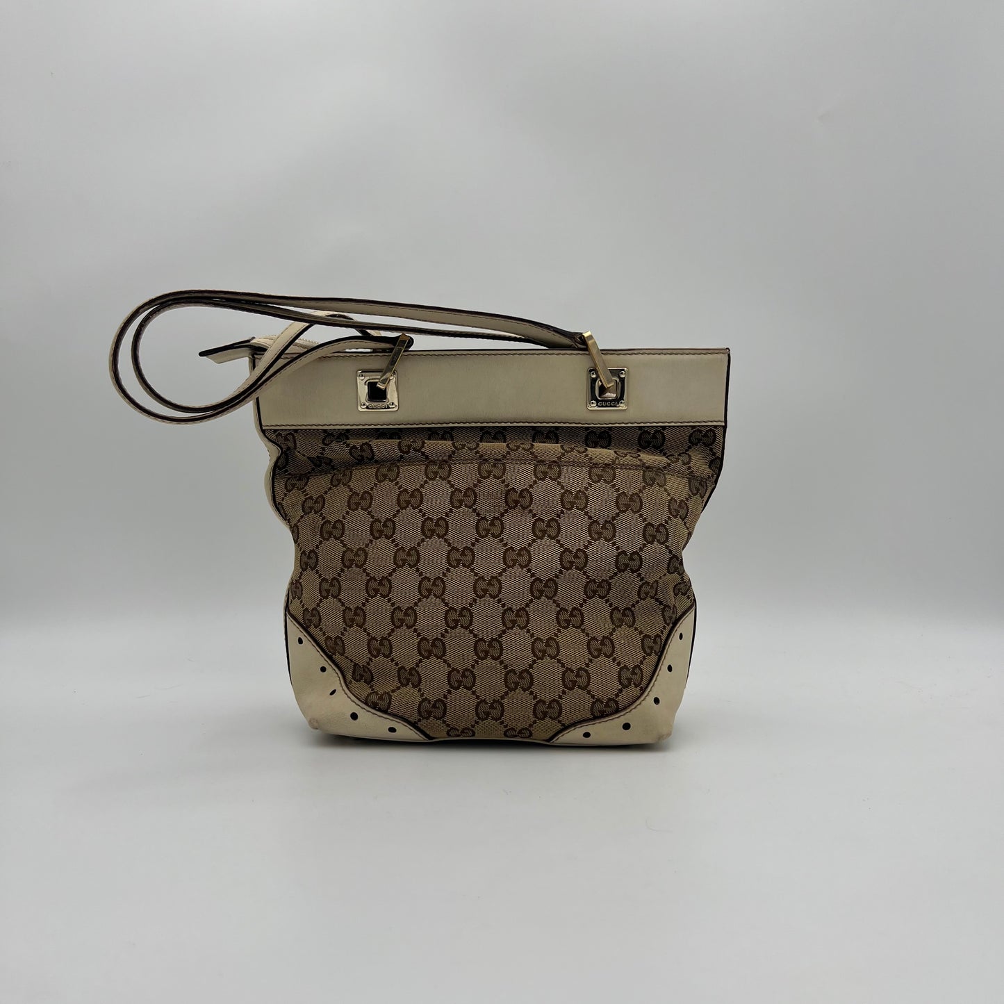 Gucci Beige GG Canvas White Leather Punch Small Tote
