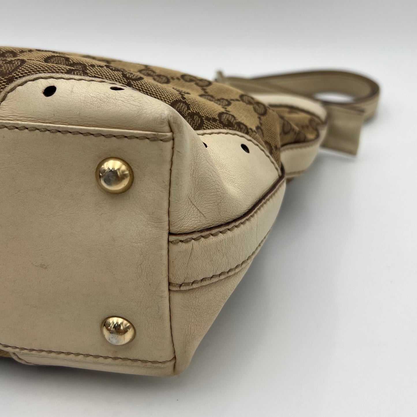 Gucci Beige GG Canvas White Leather Punch Small Tote