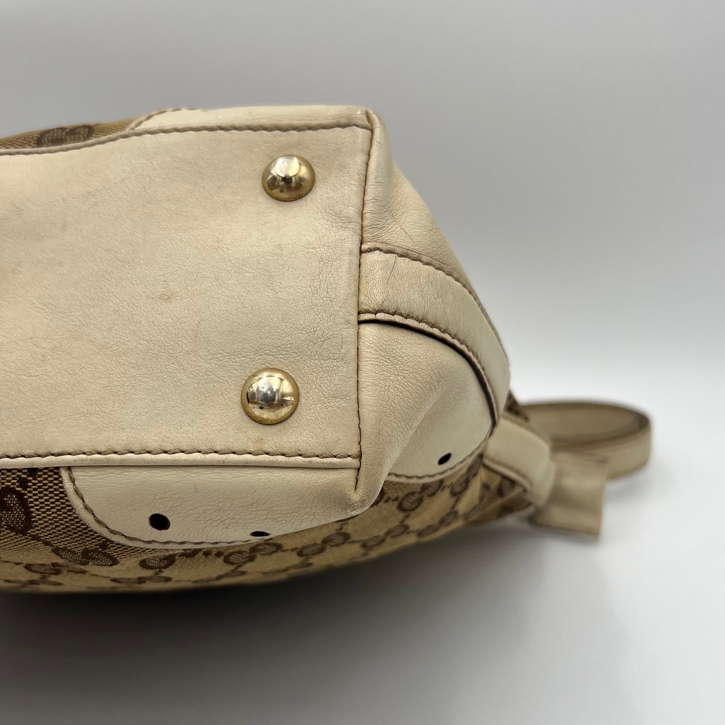 Gucci Beige GG Canvas White Leather Punch Small Tote