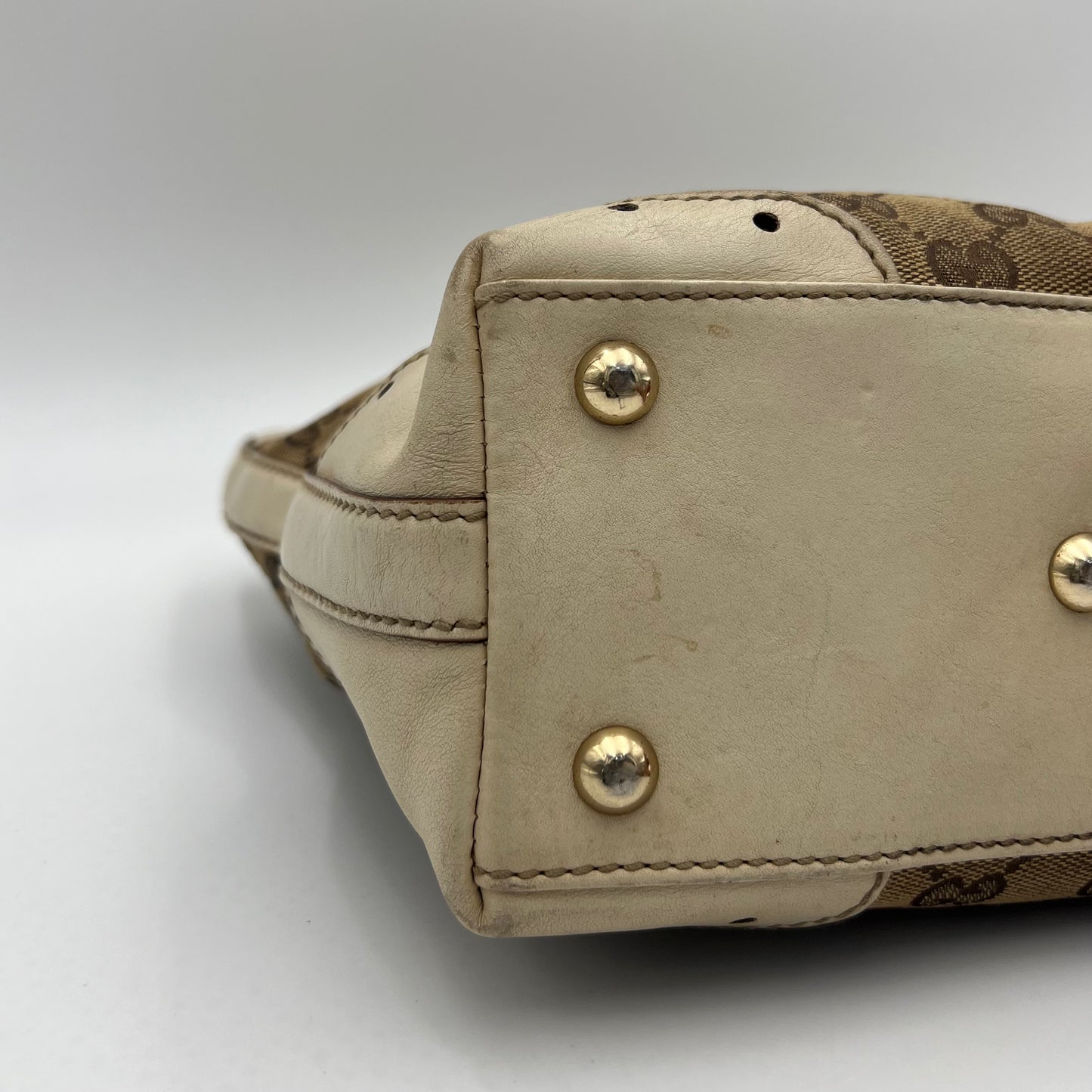 Gucci Beige GG Canvas White Leather Punch Small Tote