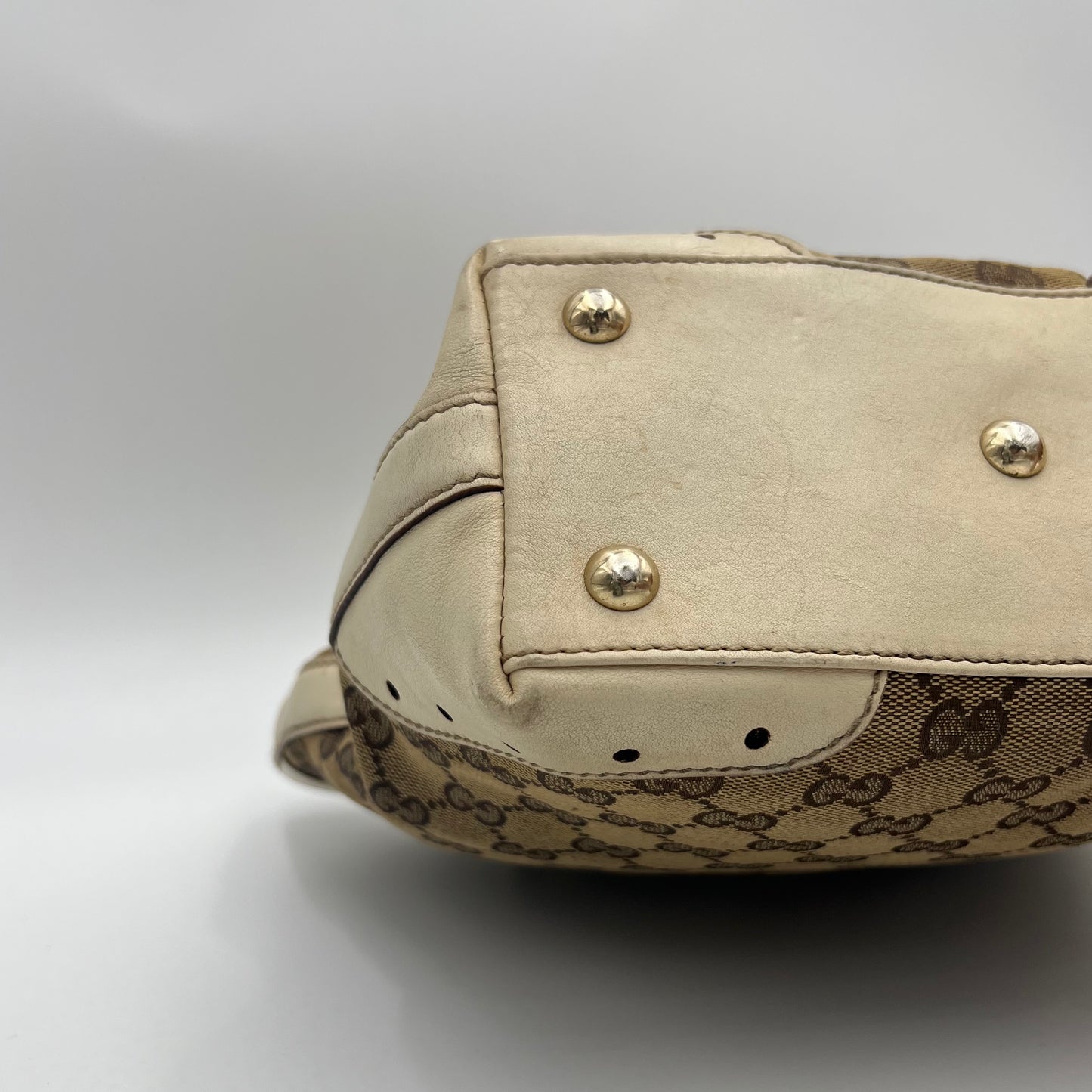 Gucci Beige GG Canvas White Leather Punch Small Tote