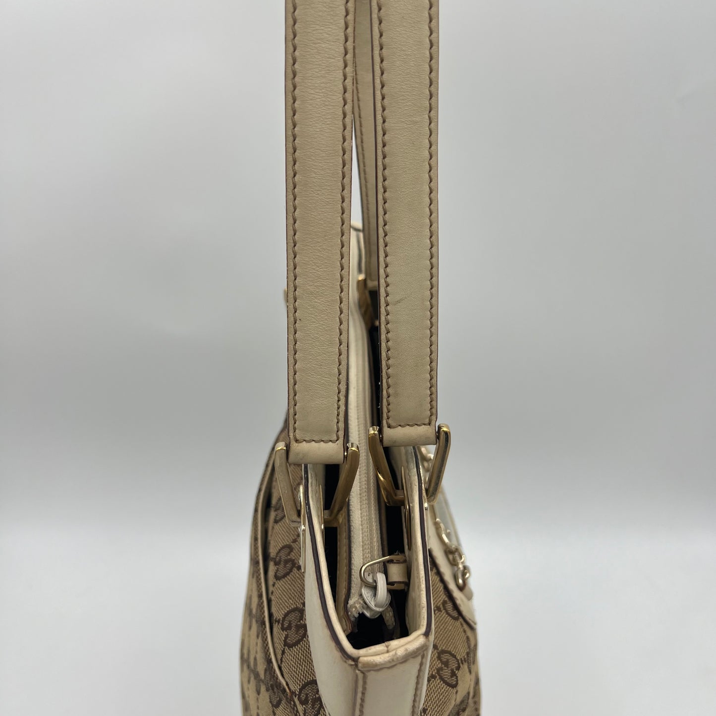 Gucci Beige GG Canvas White Leather Punch Small Tote