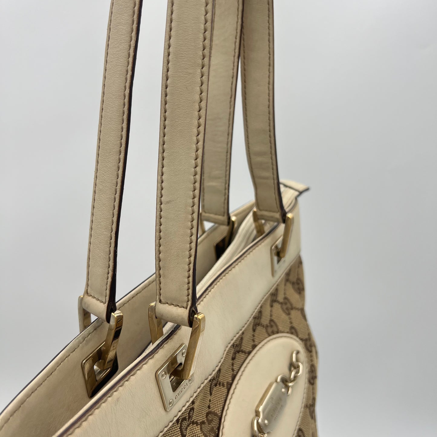 Gucci Beige GG Canvas White Leather Punch Small Tote