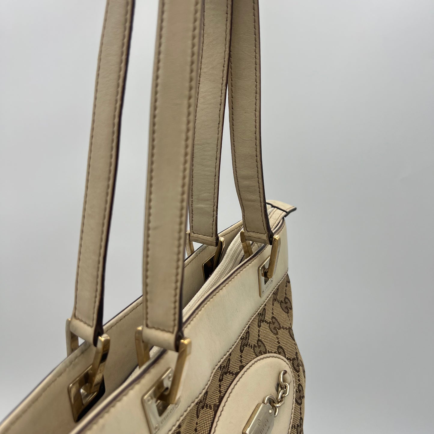 Gucci Beige GG Canvas White Leather Punch Small Tote