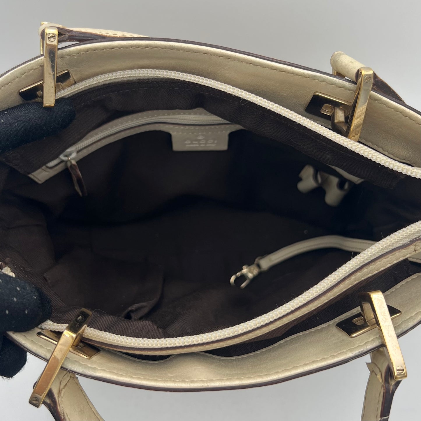 Gucci Beige GG Canvas White Leather Punch Small Tote